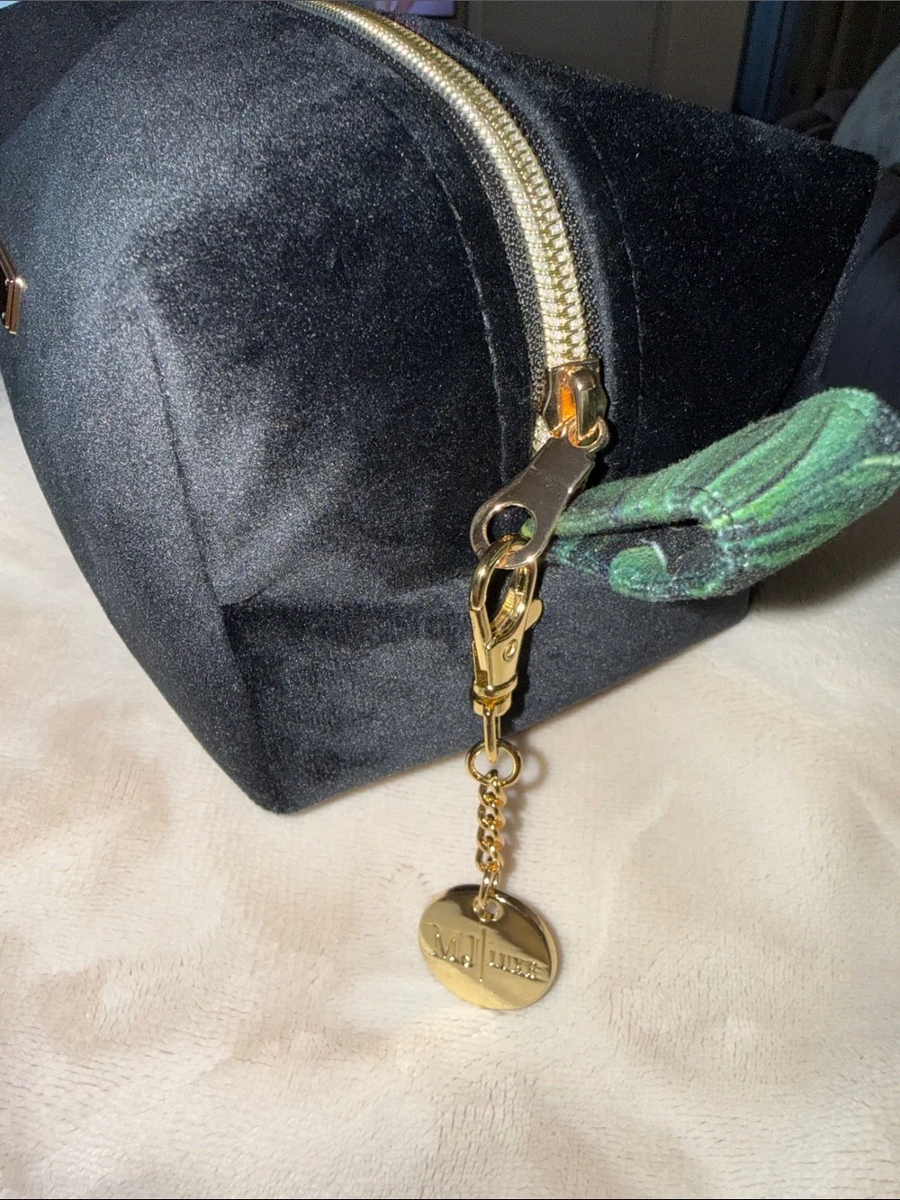 Makeup Junkie Bobby Black Velvet Cosmetic Pouch with Gold Hardware